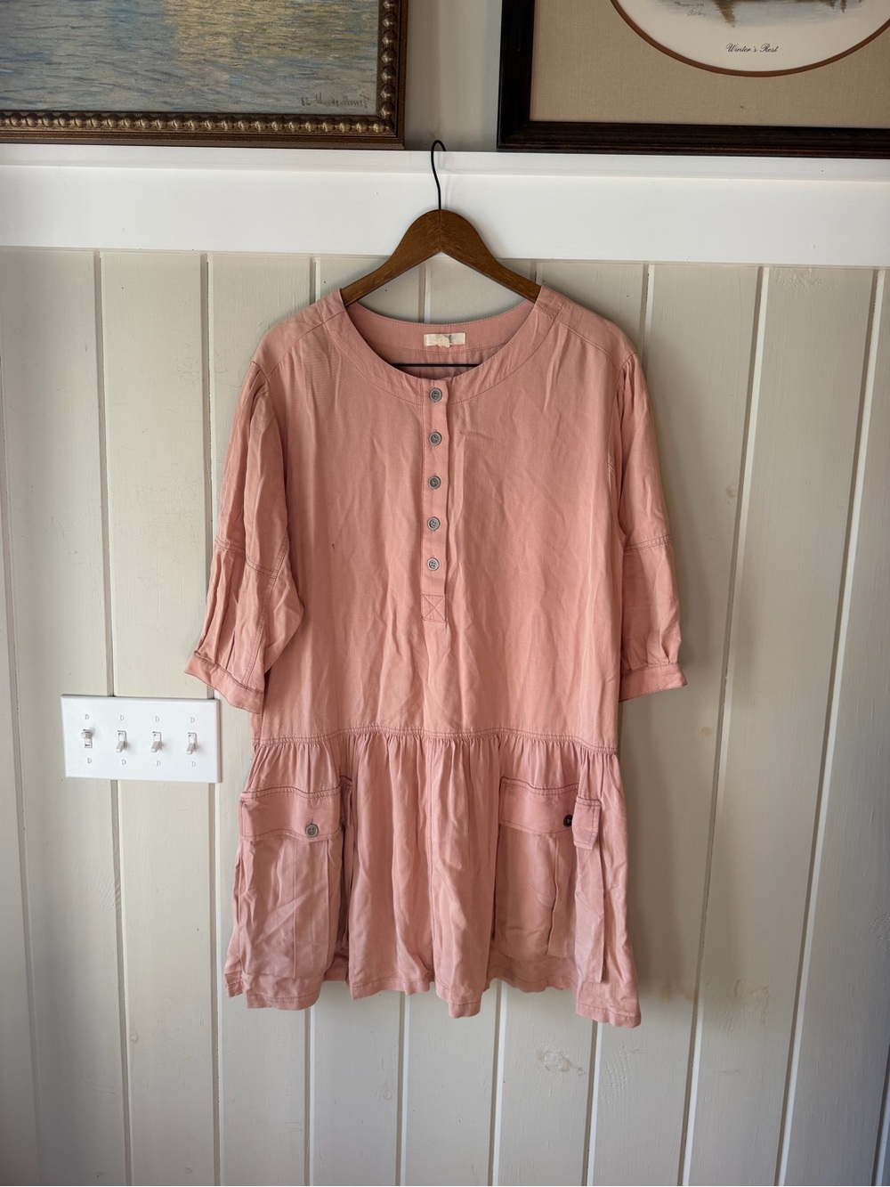 easel Dusty Peach Blush Button-Pocket Tunic Dress, Size Small